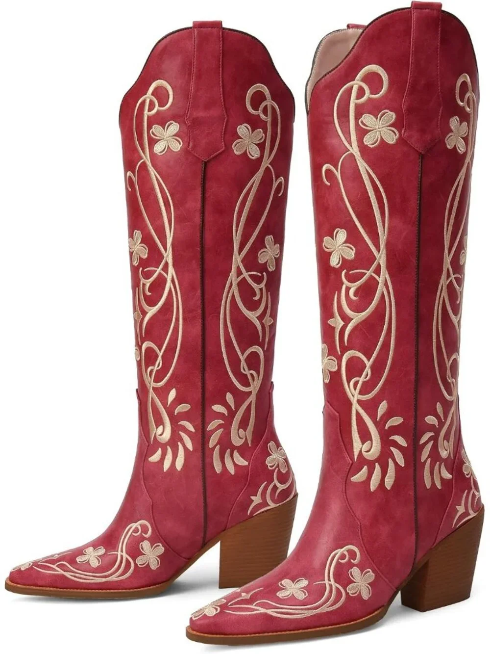 Women's Red pu Knee High Floral Embroidered Vintage Cowgirl Boots
